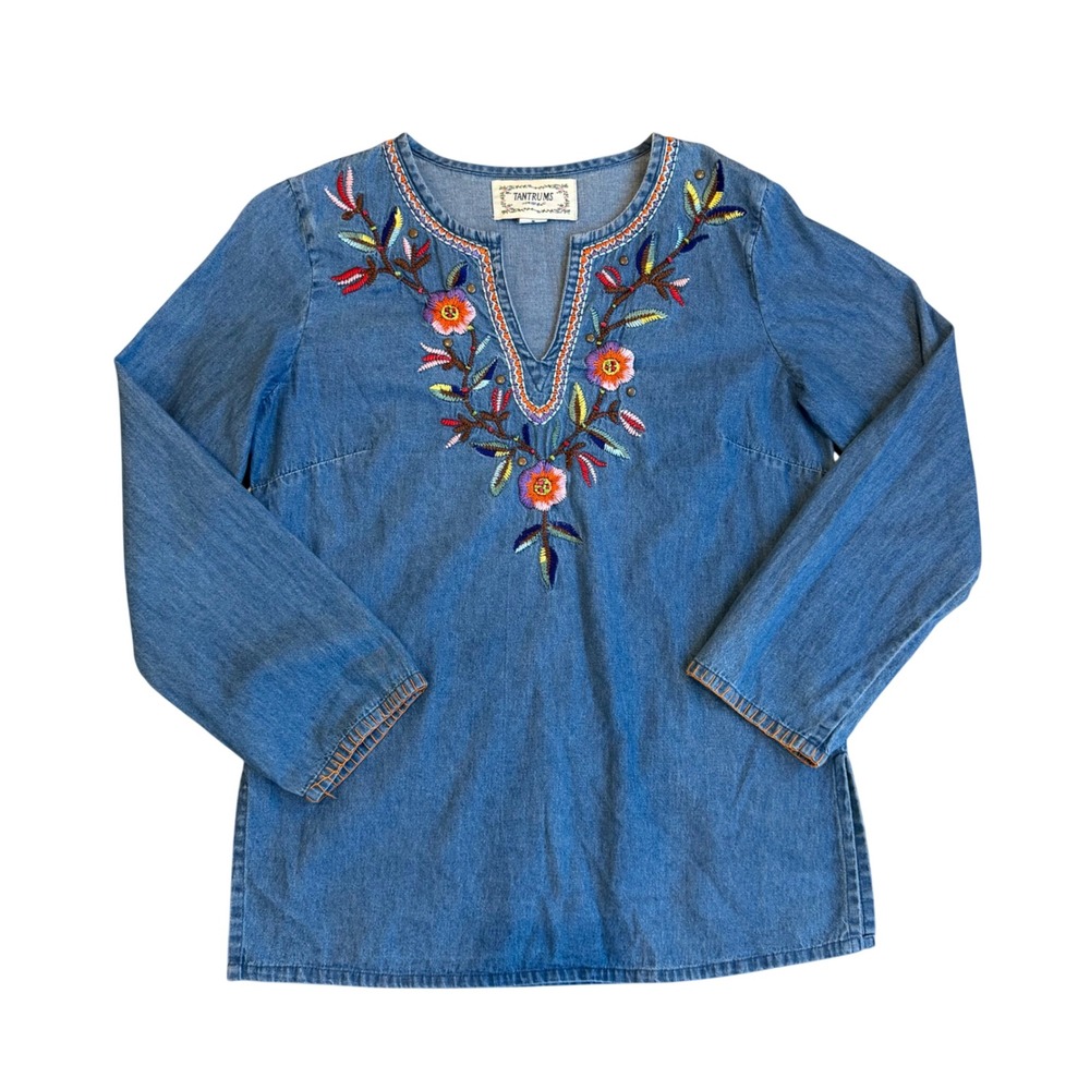 Tantrums Womens Medium Blue‎ Denim Embroidered Floral Boho Tunic Top Cotton M - Picture 3 of 15